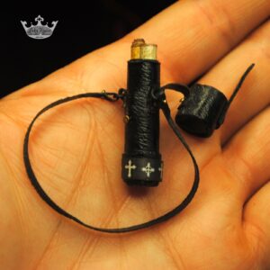 open black leather mini belt pouch with scrolls